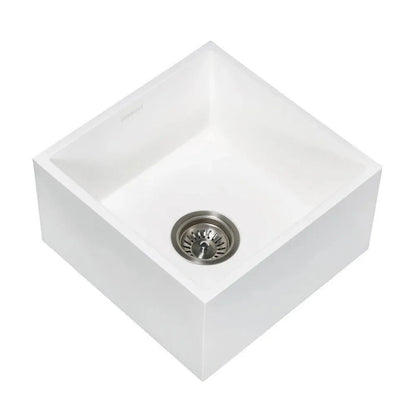 Kingston Brass Arcticstone 15 in. Solid Surface White Stone Apron-Front Single Bowl Farmhouse Bar Prep Sink with Strainer in Matte White - GKUSA15158