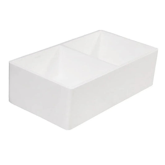 Kingston Brass Arcticstone 33 in. Solid Surface White Stone Apron-Front Double Bowl Farmhouse Kitchen Sink with Strainers in Matte/Glossy White - GPFA331810BCD