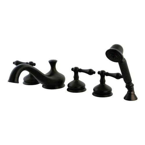 Kingston Brass Restoration Three-Handle 5-Hole Deck Mount Roman Tub Faucet with Hand Shower in Oil Rubbed Bronze - KS33355AL