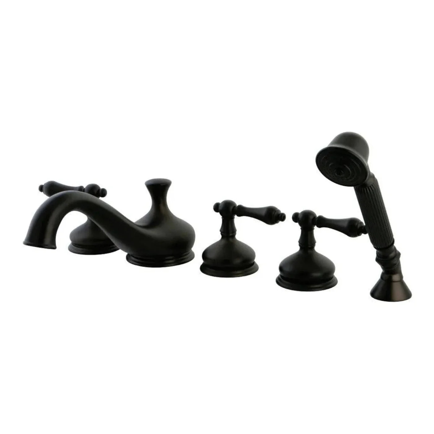 Kingston Brass Restoration Three-Handle 5-Hole Deck Mount Roman Tub Faucet with Hand Shower in Oil Rubbed Bronze - KS33355AL