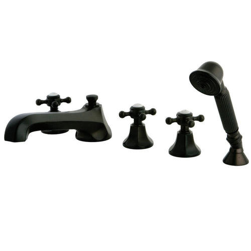 Kingston Brass Three-Handle 5-Hole Deck Mount Roman Tub Faucet with Hand Shower in Oil Rubbed Bronze - KS43055BX