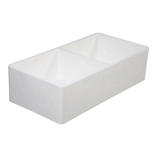 Kingston Brass 36 in. Solid Surface White Stone Apron-Front Double Bowl Farmhouse Kitchen Sink with Strainers in Matte White - GKFA361810BCD