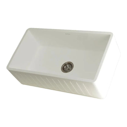 Kingston Brass 33 in. Solid Surface White Stone Apron-Front Single Bowl Farmhouse Kitchen Sink with Strainer in Matte White - GKFA331810RM