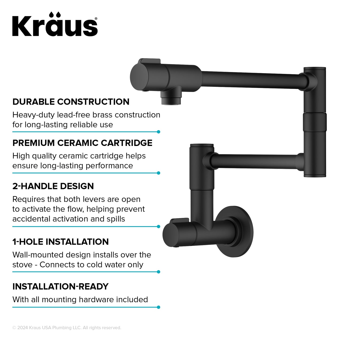 KRAUS Matte Black Wall Mounted Pot Filler - KPF-5003MB