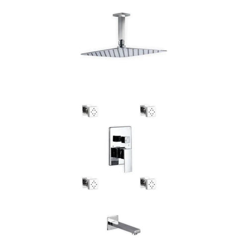 KubeBath 7 Piece Shower Set with 12 in. Ceiling Mount Square Rain Shower, Tub Filler and 4 Body Jets - CR3004JTF3V