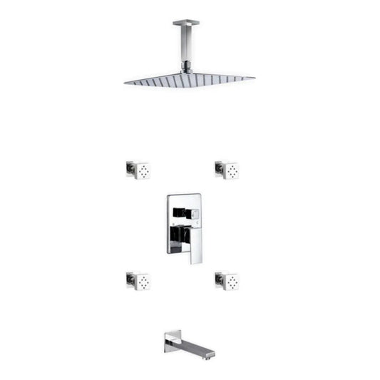 KubeBath 7 Piece Shower Set with 12 in. Ceiling Mount Square Rain Shower, Tub Filler and 4 Body Jets - CR3004JTF3V