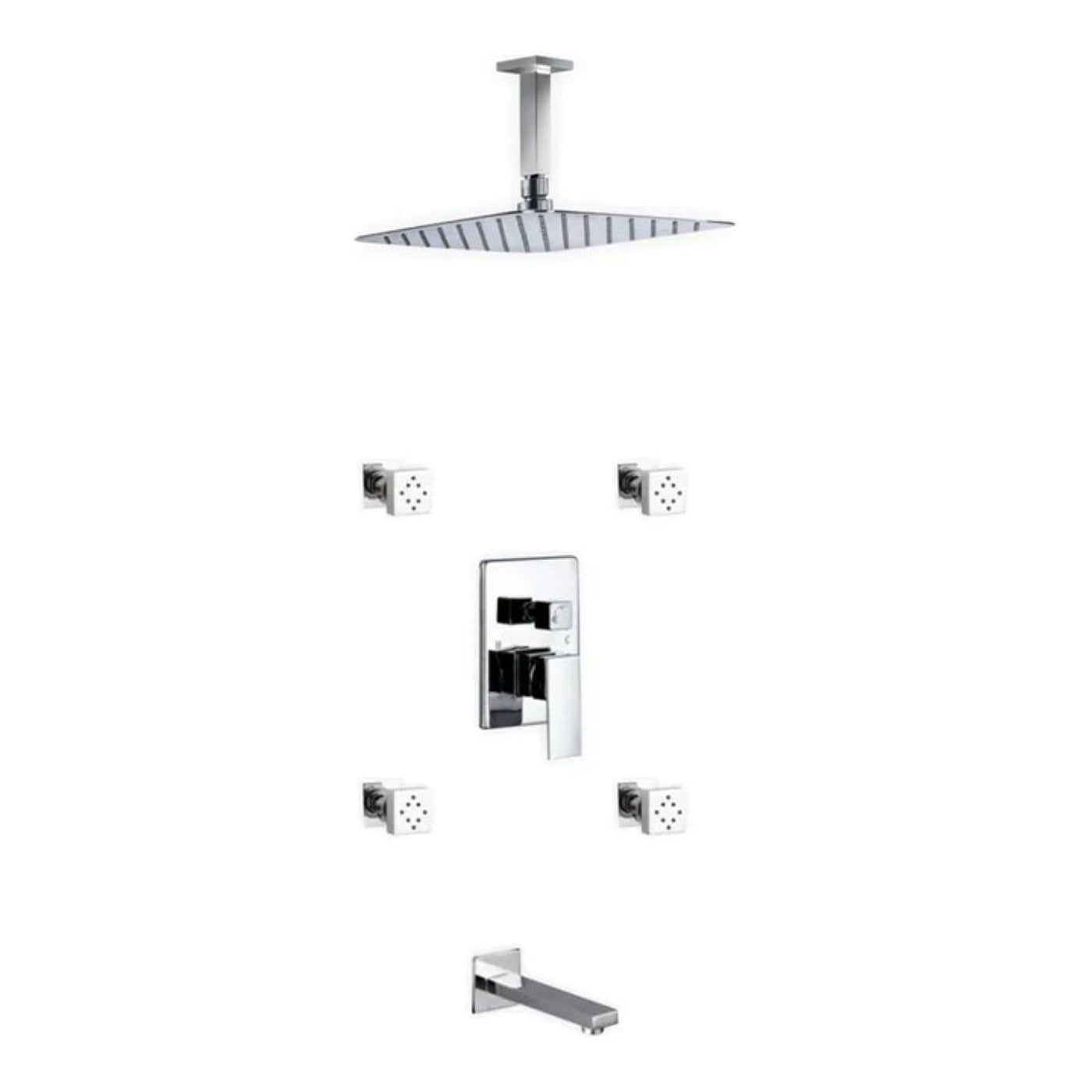 KubeBath 7 Piece Shower Set with 12 in. Ceiling Mount Square Rain Shower, Tub Filler and 4 Body Jets - CR3004JTF3V