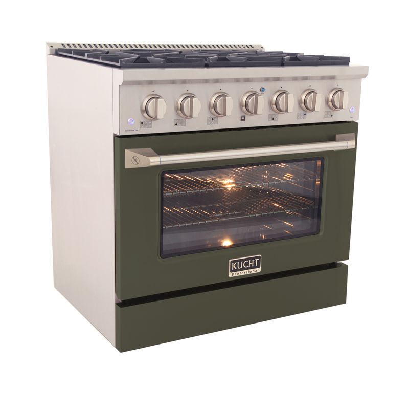 Kucht 36 Inch Professional KNG Series Natural Gas Stainless Steel Range with Olive Green Oven Door