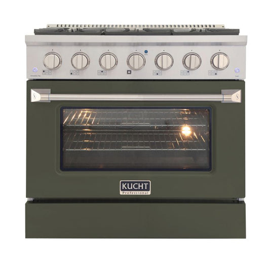 Kucht 36 Inch Professional KNG Series Natural Gas Stainless Steel Range with Olive Green Oven Door
