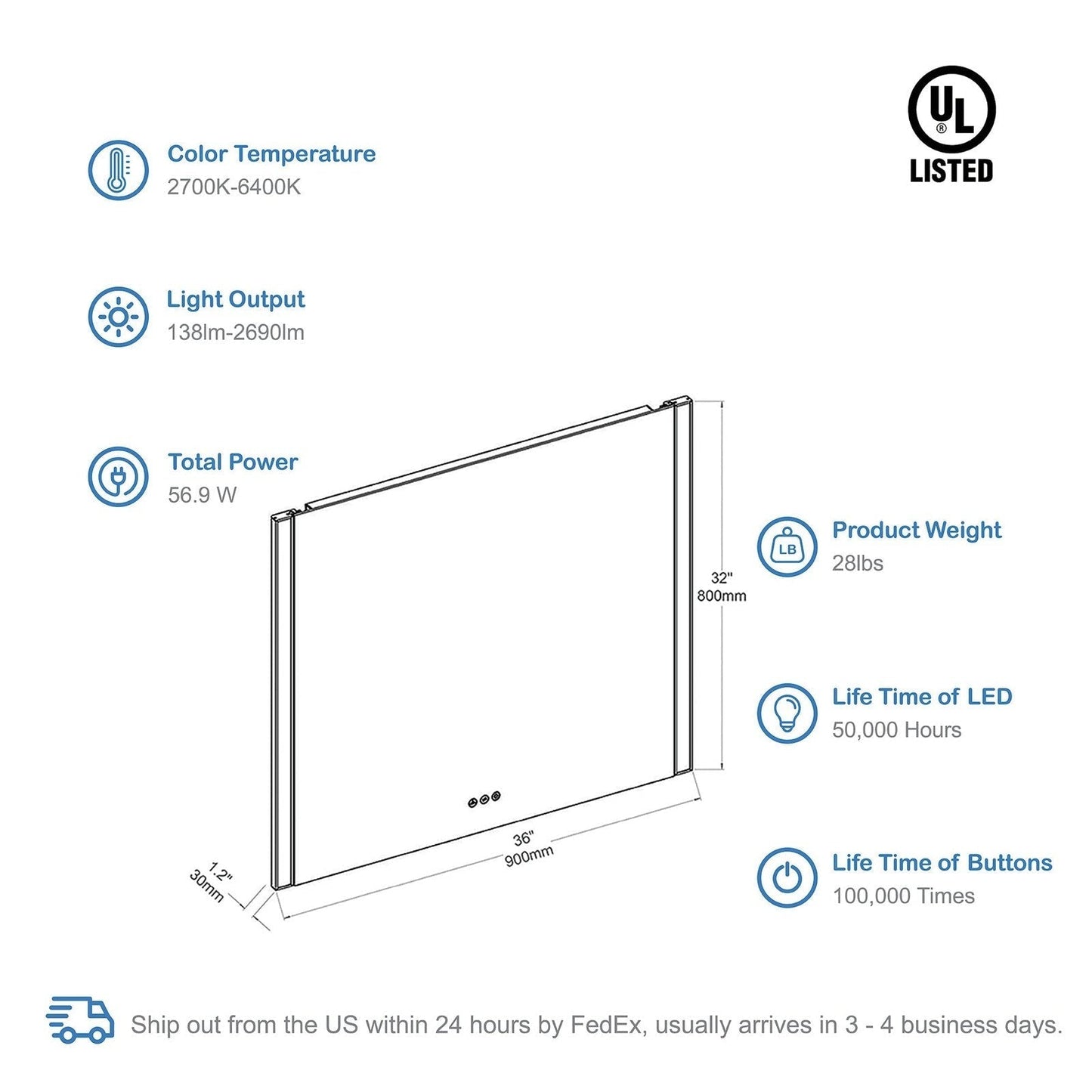 Blossom Binary 36″ LED Mirror - LED M5 3632 CH