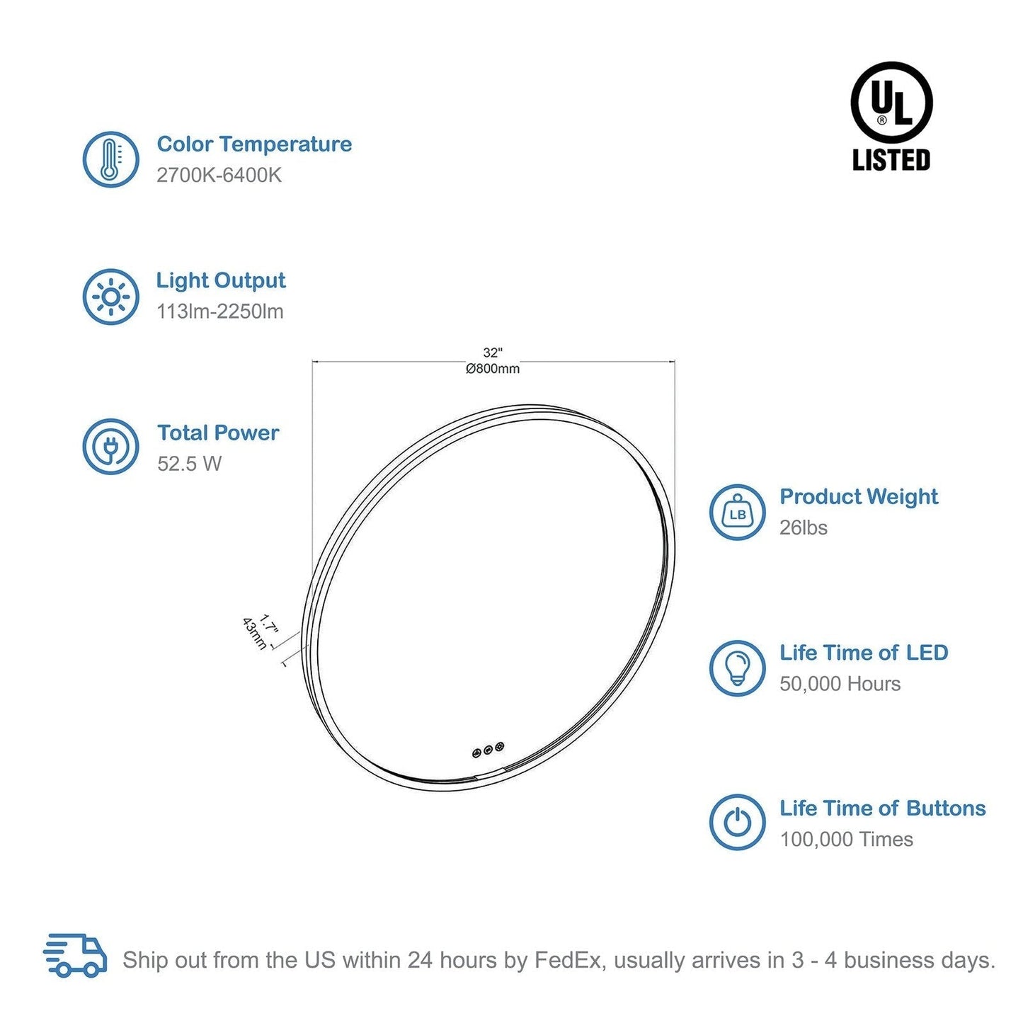 Blossom Oskar 32 Inch Round LED Mirror - LED M7 R32 MB