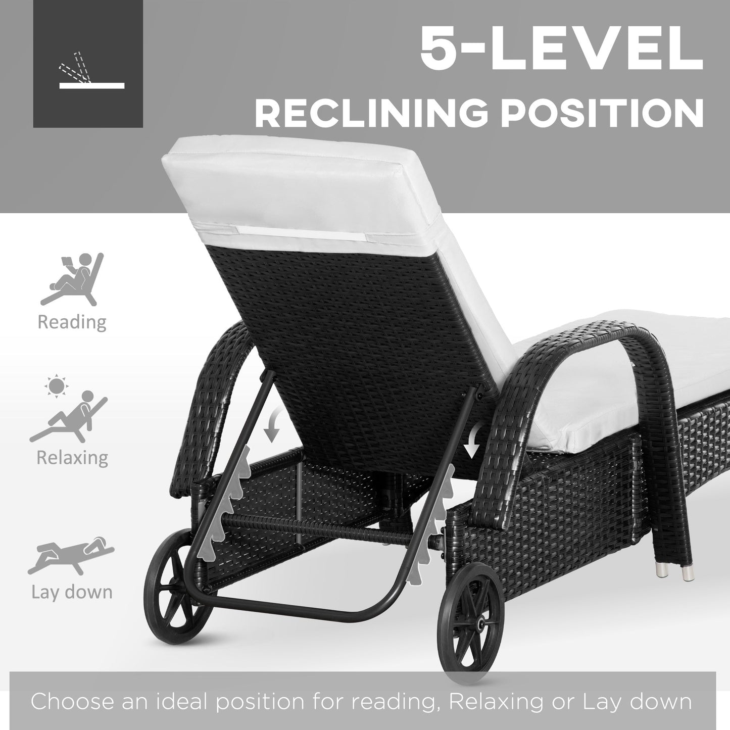 3-Piece Patio Chaise Lounge Chair with Table, 5-Level Adjustable Backrest & Wheels, Black - 862-011BK