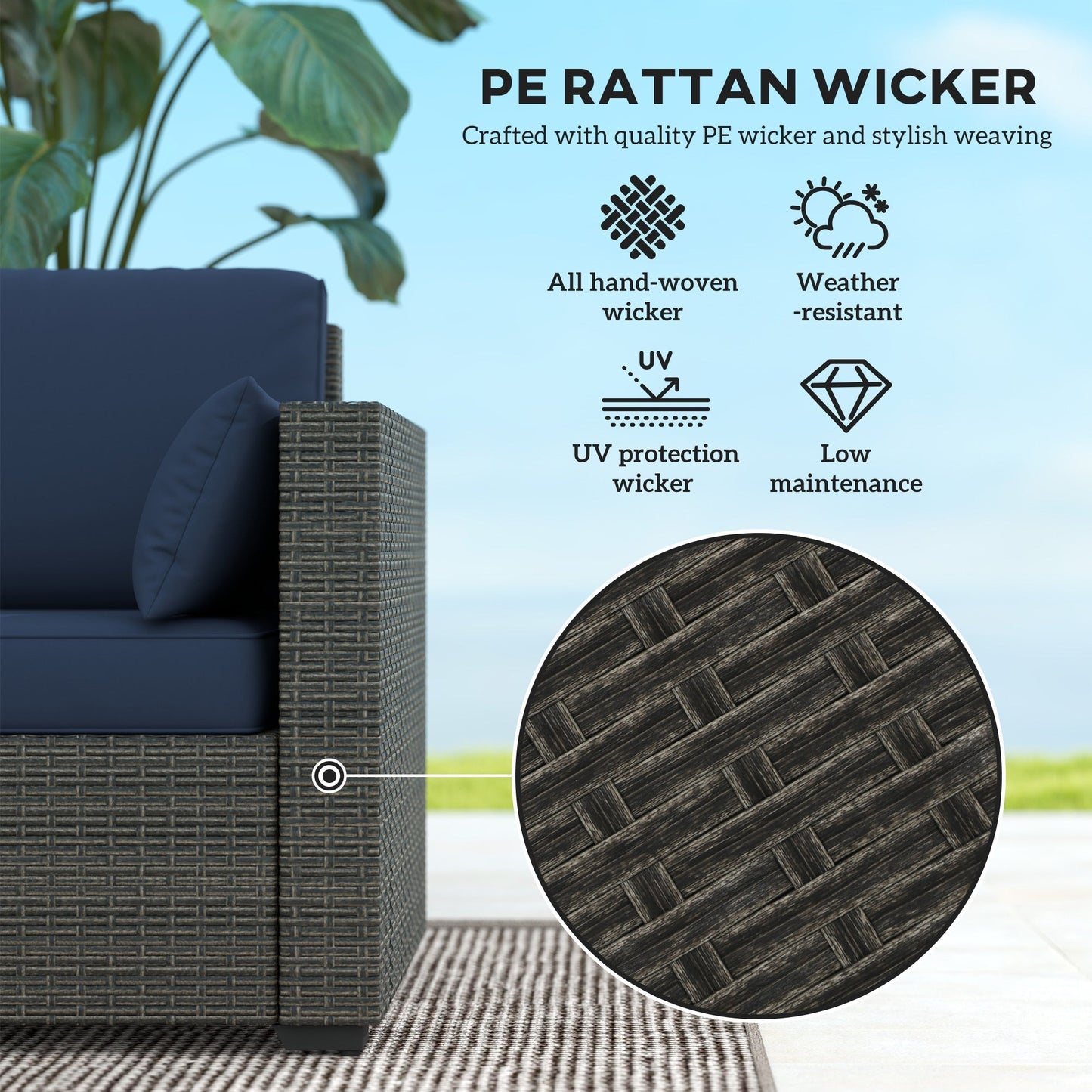 Outsunny 3-Seater PE Wicker Outdoor Sofa with Deep Seating & Removable Cushions, Navy Blue - 860-308V00BN