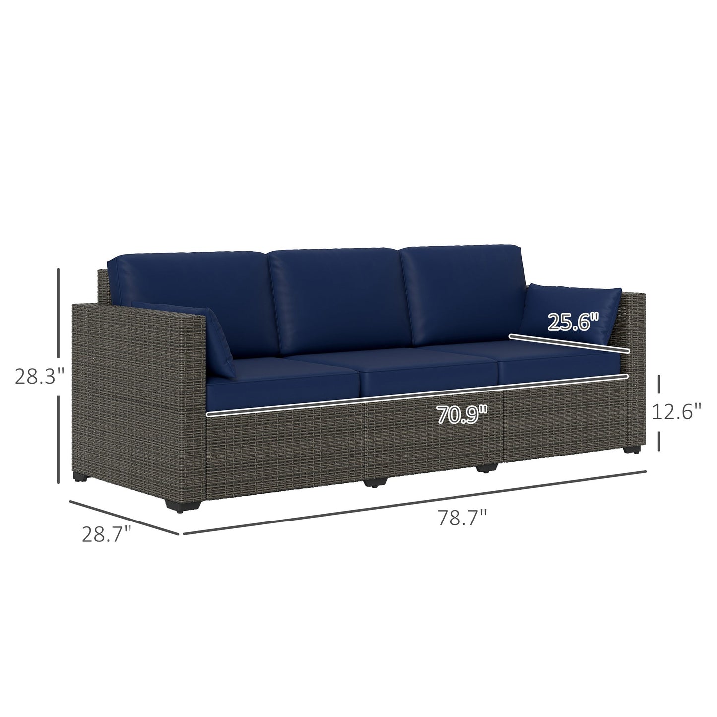 Outsunny 3-Seater PE Wicker Outdoor Sofa with Deep Seating & Removable Cushions, Navy Blue - 860-308V00BN