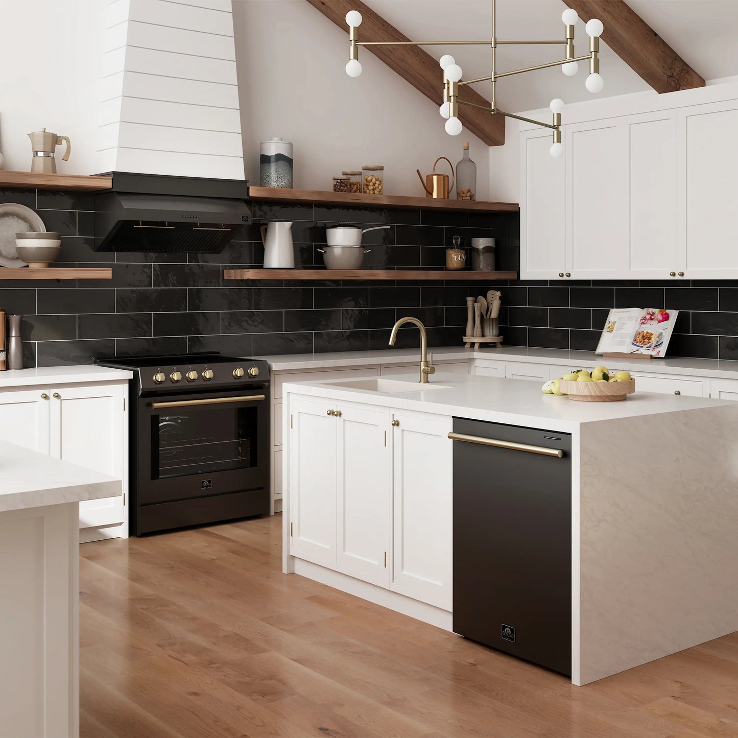 Forno 5-Piece Appliance Package - 30-Inch Electric Range, Under Cabinet Range Hood, French Door Refrigerator, Dishwasher , & Microwave Drawer in Black with Antique Brass Trim - APR5-6012-30BLK