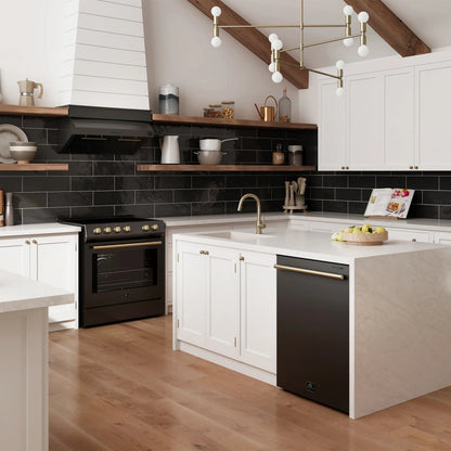 Forno 5-Piece Appliance Package - 30-Inch Electric Range, Under Cabinet Range Hood, French Door Refrigerator, Dishwasher , & Microwave Drawer in Black with Antique Brass Trim - APR5-6012-30BLK