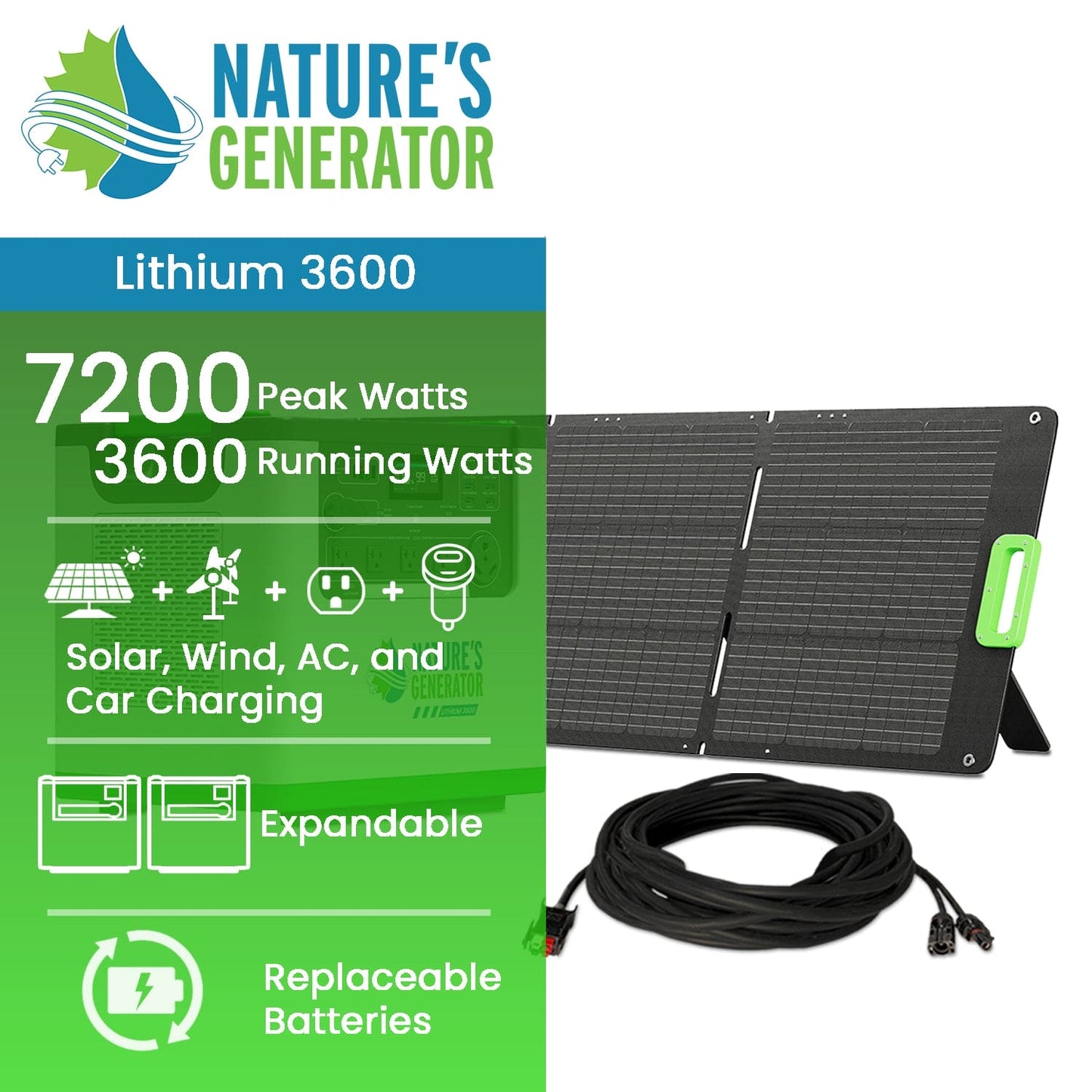 Nature's Generator Lithium 3600 Solar Generator - NGL36AUF2