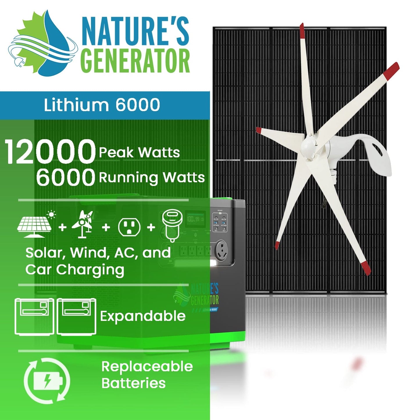 Nature's Generator Lithium 6000 with Solar Panels and Wind Turbine - NGLSXAUPW