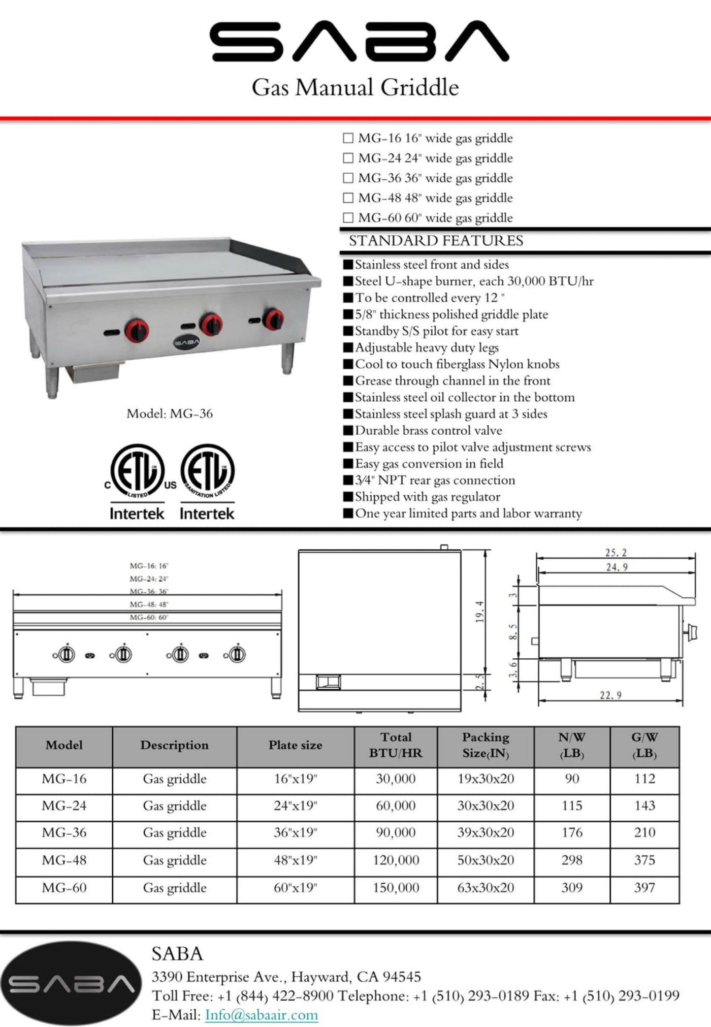 SABA  Commercial Manual Griddle - MG-36