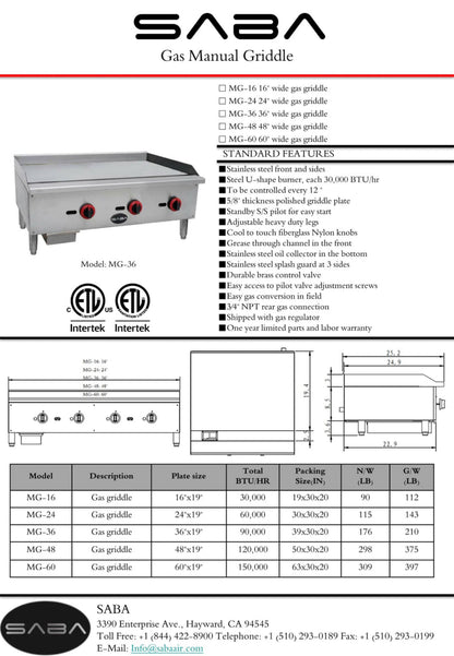 SABA  Commercial Manual Griddle - MG-36