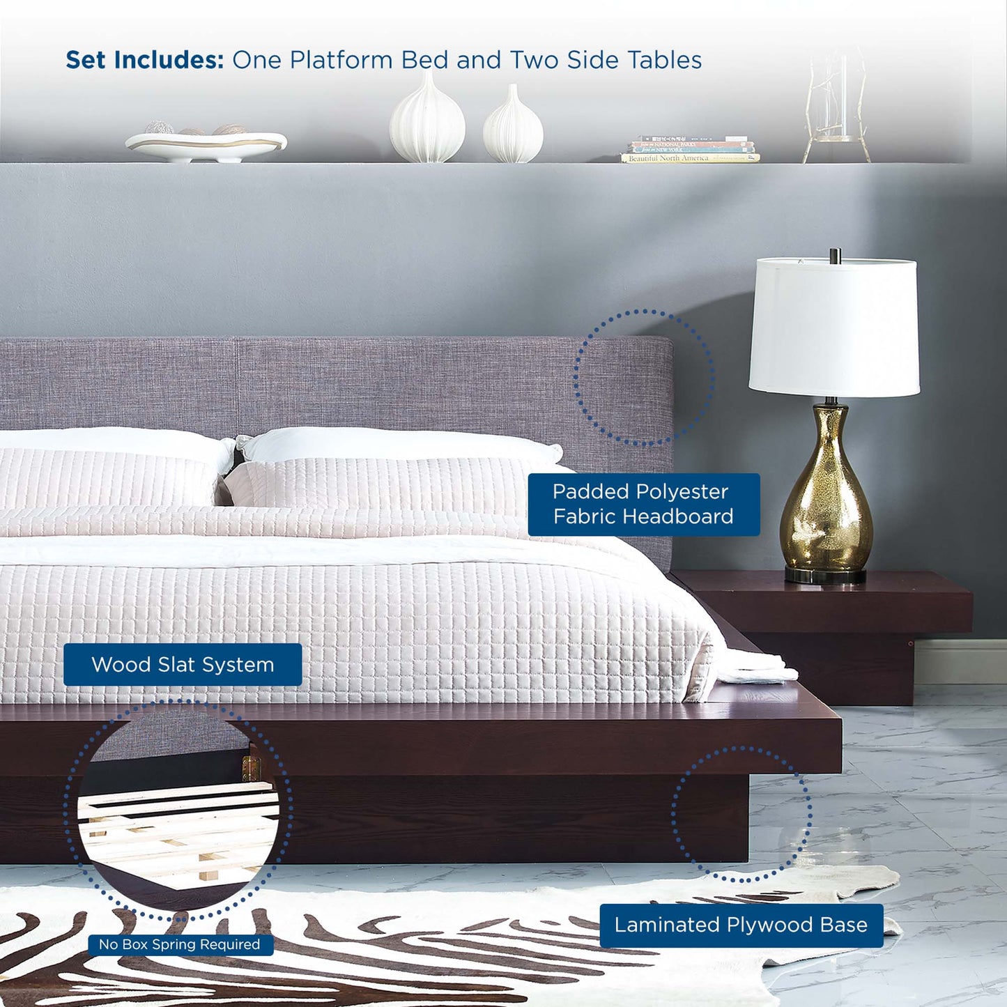 Modway furniture Freja 3 Piece Fabric Queen Bedroom Set - MOD-5492-WAL-GRY-SET