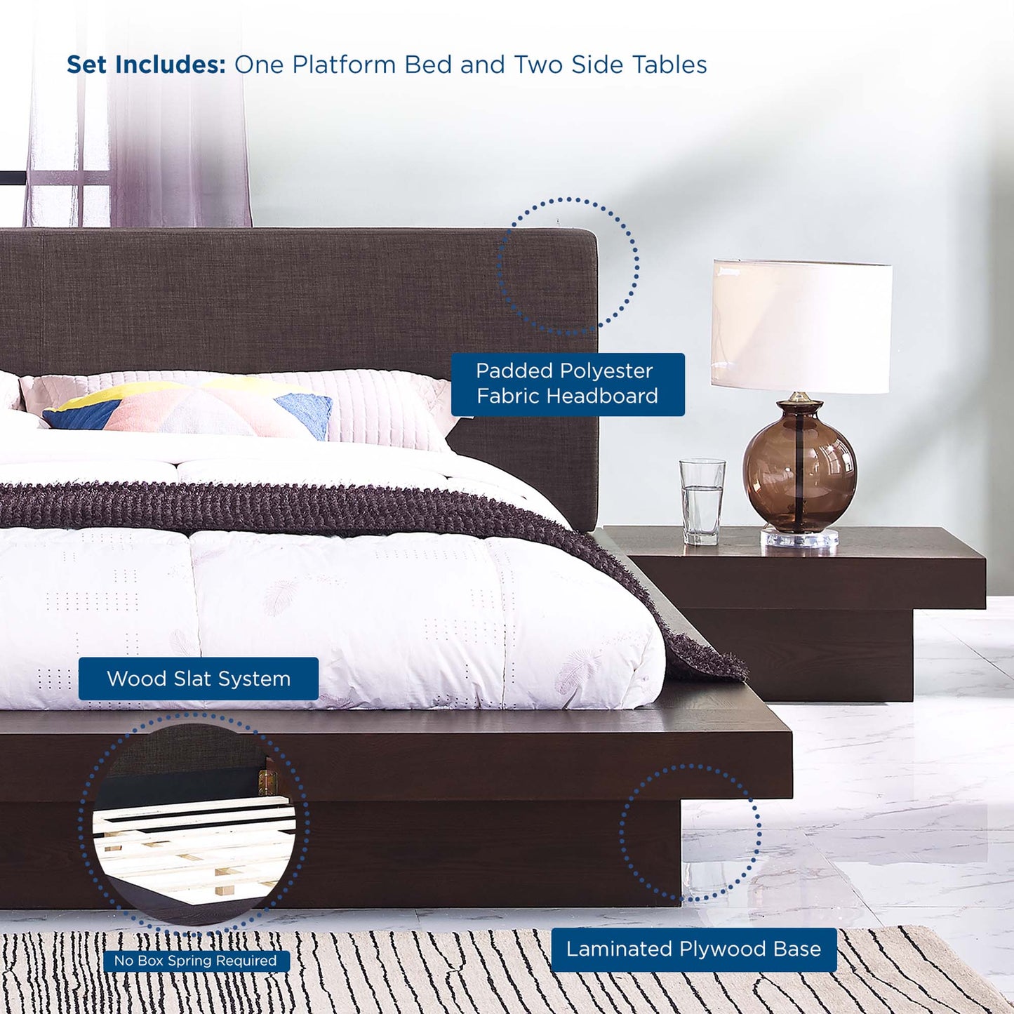 Modway furniture Freja 3 Piece Fabric Queen Bedroom Set - MOD-5492-WAL-GRY-SET