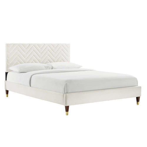 Modway furniture Leah Chevron Tufted Performance Velvet Platform Bed With Wood and Gold Legs - MOD-6969-WHI