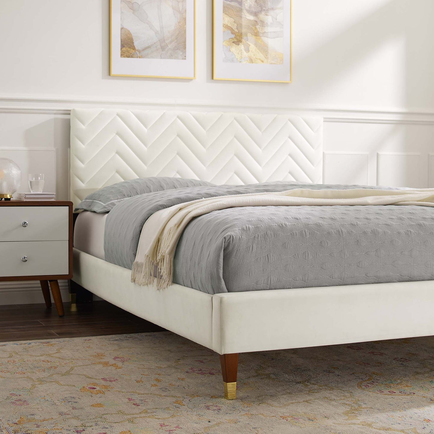 Modway furniture Leah Chevron Tufted Performance Velvet Platform Bed With Wood and Gold Legs - MOD-6969-WHI