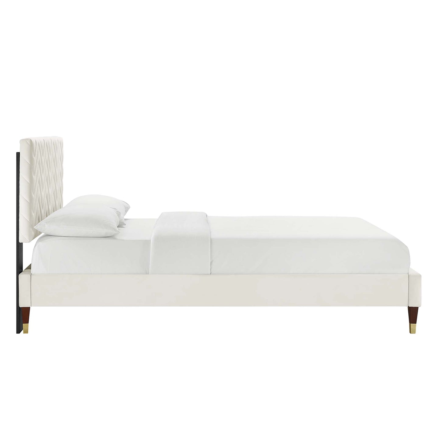 Modway furniture Leah Chevron Tufted Performance Velvet Platform Bed With Wood and Gold Legs - MOD-6969-WHI