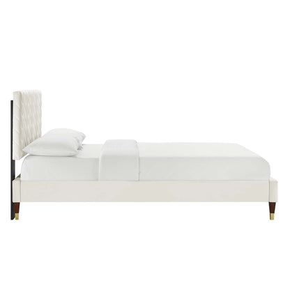 Modway furniture Leah Chevron Tufted Performance Velvet Platform Bed With Wood and Gold Legs - MOD-6969-WHI