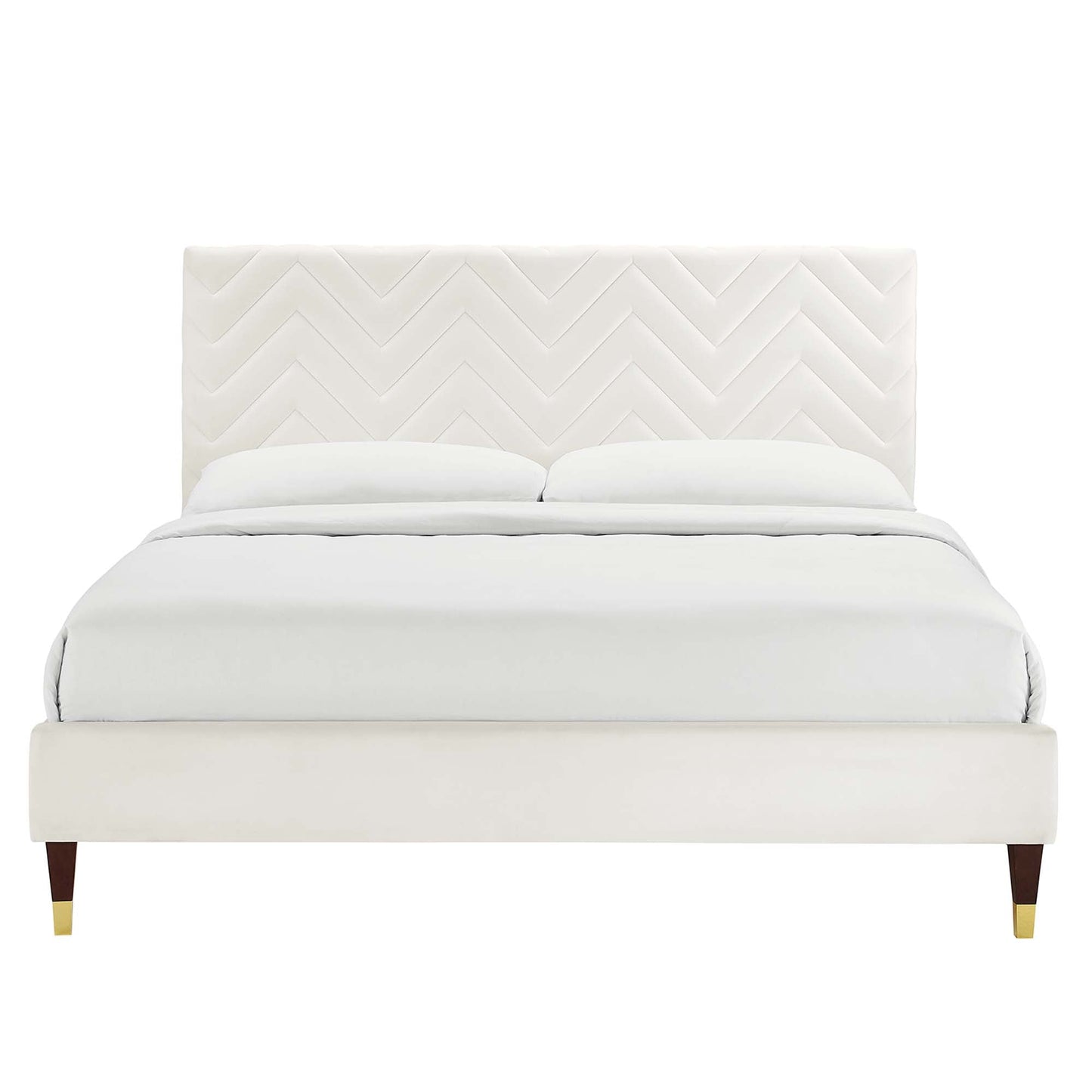 Modway furniture Leah Chevron Tufted Performance Velvet Platform Bed With Wood and Gold Legs - MOD-6969-WHI
