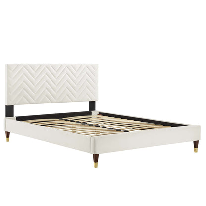 Modway furniture Leah Chevron Tufted Performance Velvet Platform Bed With Wood and Gold Legs - MOD-6969-WHI
