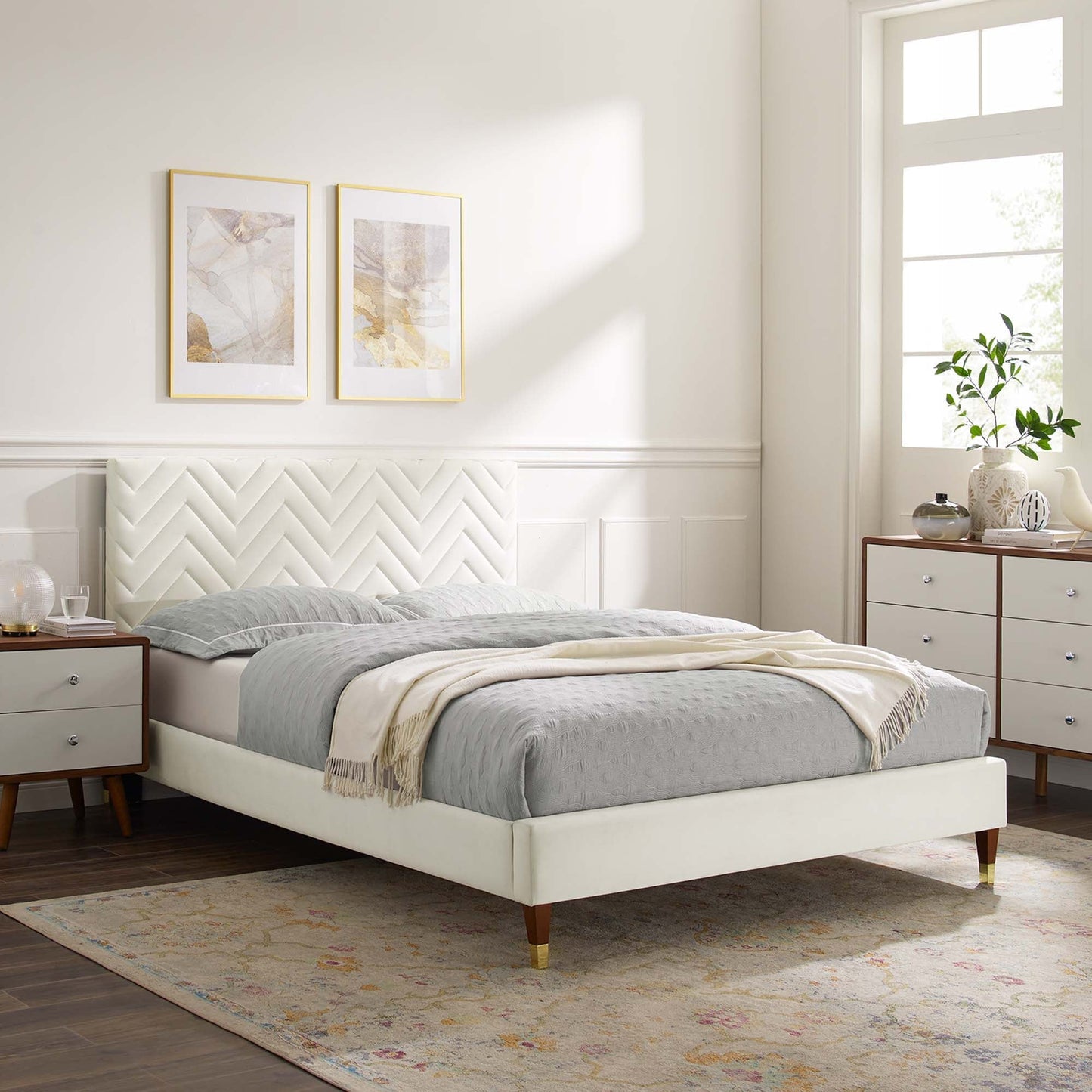 Modway furniture Leah Chevron Tufted Performance Velvet Platform Bed With Wood and Gold Legs - MOD-6969-WHI