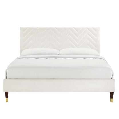 Modway furniture Leah Chevron Tufted Performance Velvet Platform Bed With Wood and Gold Legs - MOD-6969-WHI