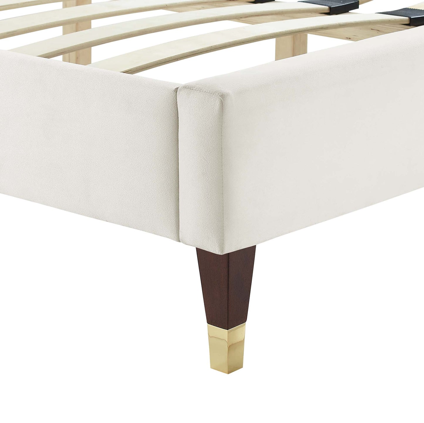 Modway furniture Leah Chevron Tufted Performance Velvet Platform Bed With Wood and Gold Legs - MOD-6969-WHI