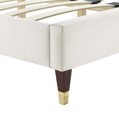 Modway furniture Leah Chevron Tufted Performance Velvet Platform Bed With Wood and Gold Legs - MOD-6969-WHI