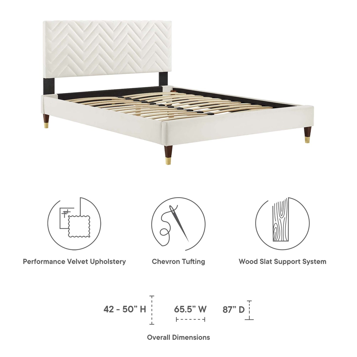 Modway furniture Leah Chevron Tufted Performance Velvet Platform Bed With Wood and Gold Legs - MOD-6969-WHI