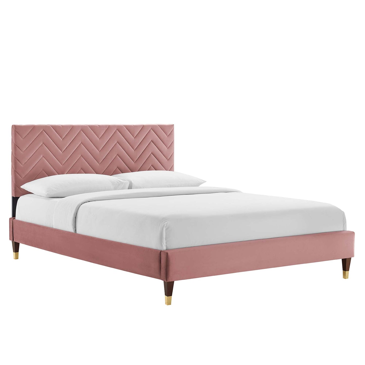 Modway furniture Leah Chevron Tufted Performance Velvet Platform Bed With Wood and Gold Legs - MOD-6969-WHI