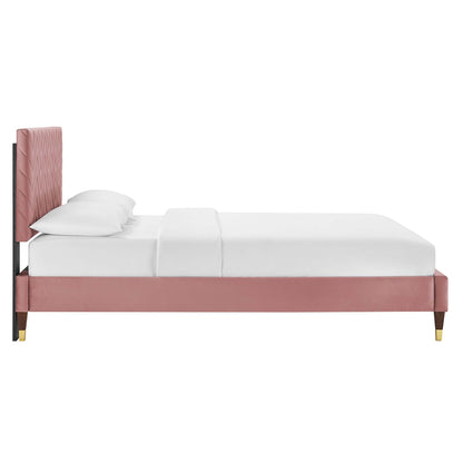 Modway furniture Leah Chevron Tufted Performance Velvet Platform Bed With Wood and Gold Legs - MOD-6969-WHI