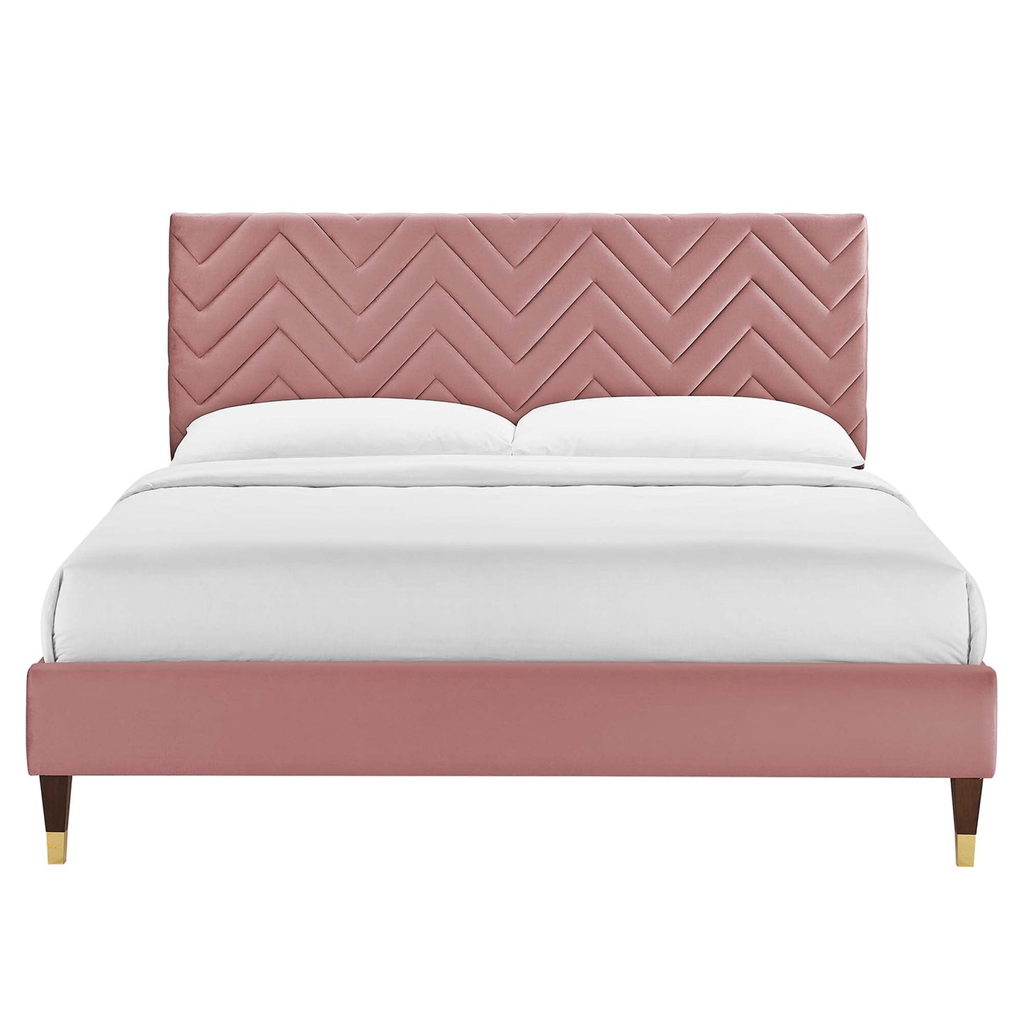 Modway furniture Leah Chevron Tufted Performance Velvet Platform Bed With Wood and Gold Legs - MOD-6969-WHI