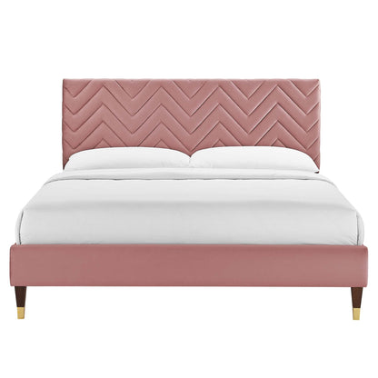 Modway furniture Leah Chevron Tufted Performance Velvet Platform Bed With Wood and Gold Legs - MOD-6969-WHI
