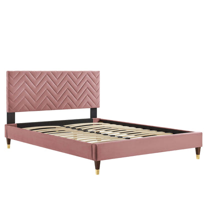 Modway furniture Leah Chevron Tufted Performance Velvet Platform Bed With Wood and Gold Legs - MOD-6969-WHI