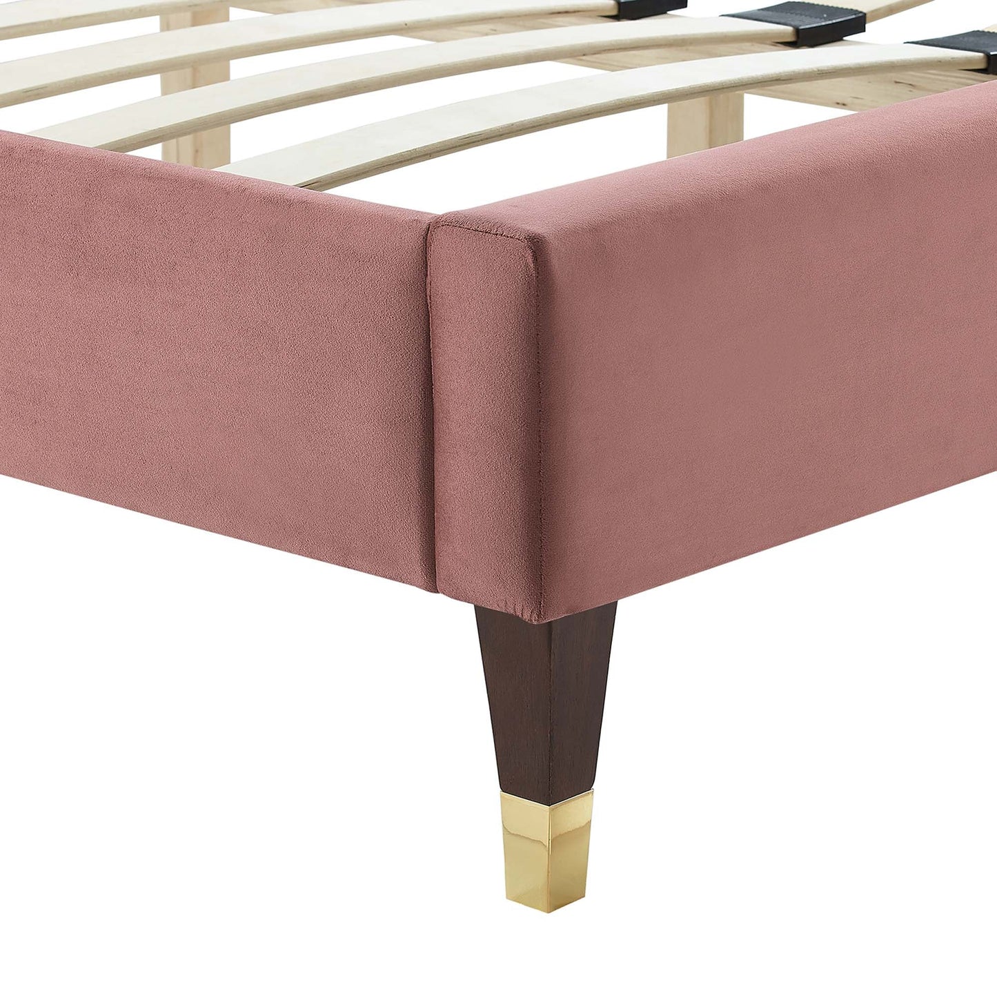 Modway furniture Leah Chevron Tufted Performance Velvet Platform Bed With Wood and Gold Legs - MOD-6969-WHI