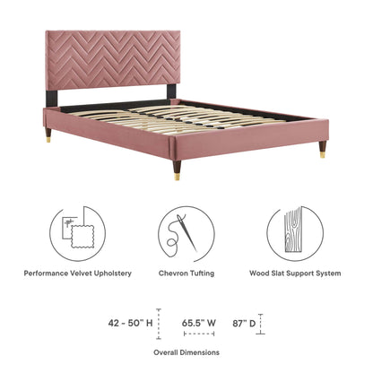 Modway furniture Leah Chevron Tufted Performance Velvet Platform Bed With Wood and Gold Legs - MOD-6969-WHI