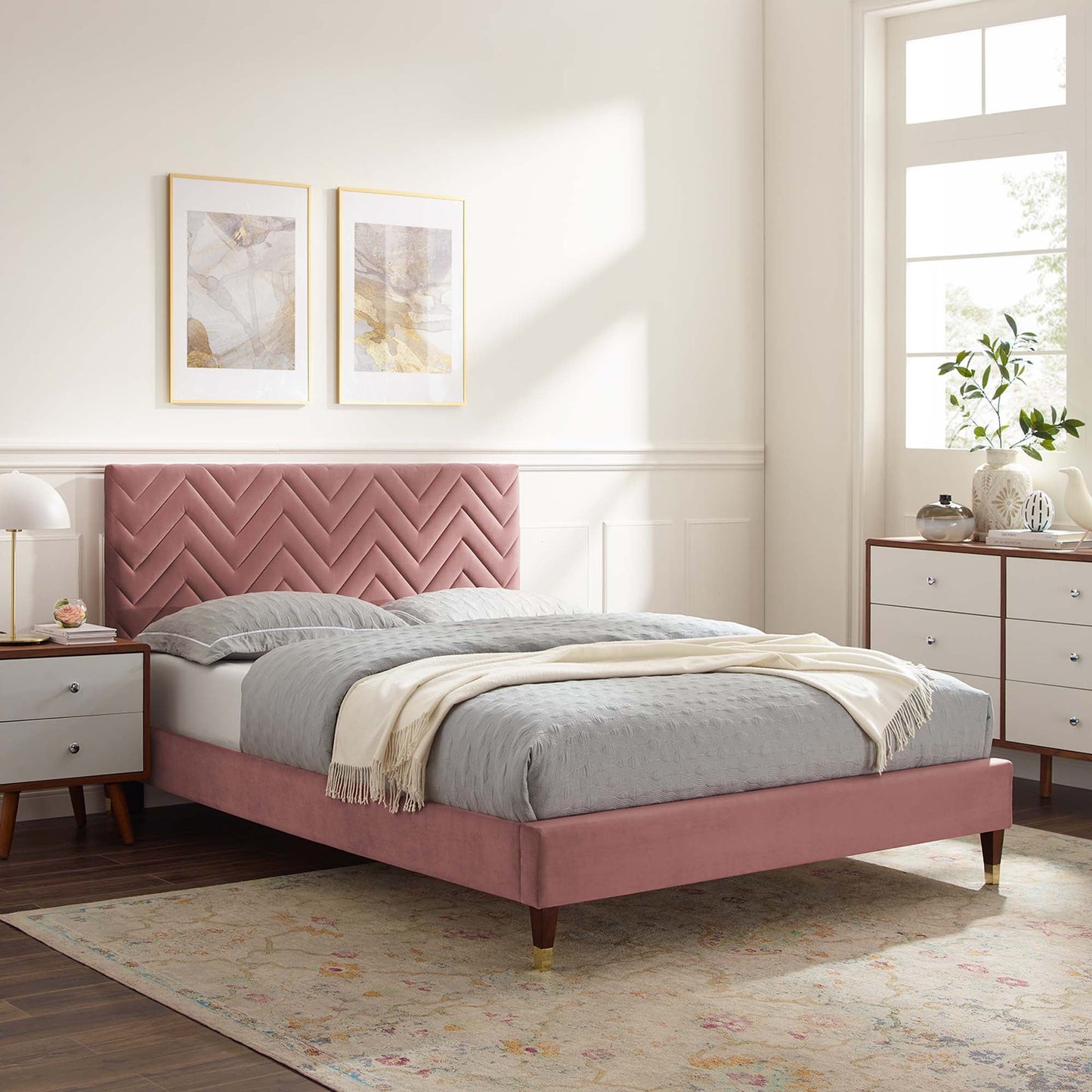 Modway furniture Leah Chevron Tufted Performance Velvet Platform Bed With Wood and Gold Legs - MOD-6969-WHI