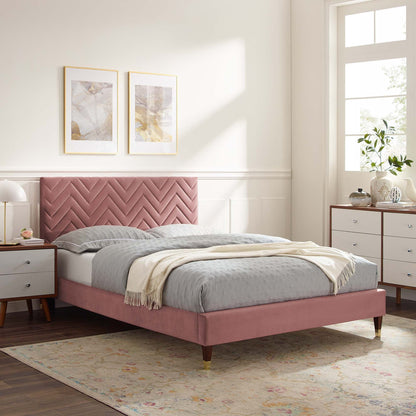 Modway furniture Leah Chevron Tufted Performance Velvet Platform Bed With Wood and Gold Legs - MOD-6969-WHI
