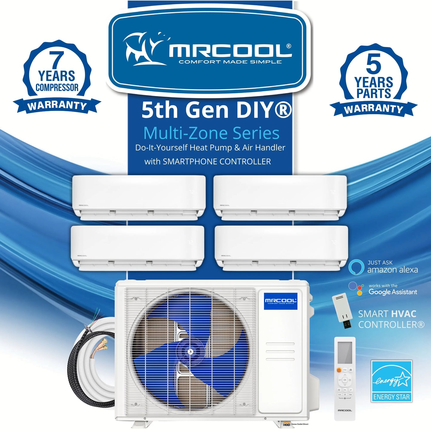 MRCOOL DIY 5th Gen Mini Split - 4-Zone 36,000 BTU Ductless Air Conditioner and Heat Pump Condenser with 18K + 12K + 9K + 6K Wall Mount Air Handlers - DIY5-4Z-36HP-18K12K9K6K