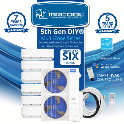 MRCOOL DIY 5th Gen Mini Split - 5-Zone 48,000 BTU Ductless Air Conditioner and Heat Pump Condenser with 24K + 9K + 9K + 9K + 9K Wall Mount Air Handlers - DIY5-5Z-48HP-24K9K9K9K9K
