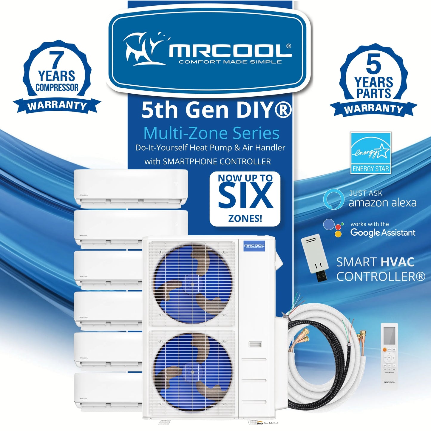 MRCOOL DIY 5th Gen Mini Split - 5-Zone 48,000 BTU Ductless Air Conditioner and Heat Pump Condenser with 24K + 9K + 9K + 9K + 6K Wall Mount Air Handlers - DIY5-5Z-48HP-24K9K9K9K6K