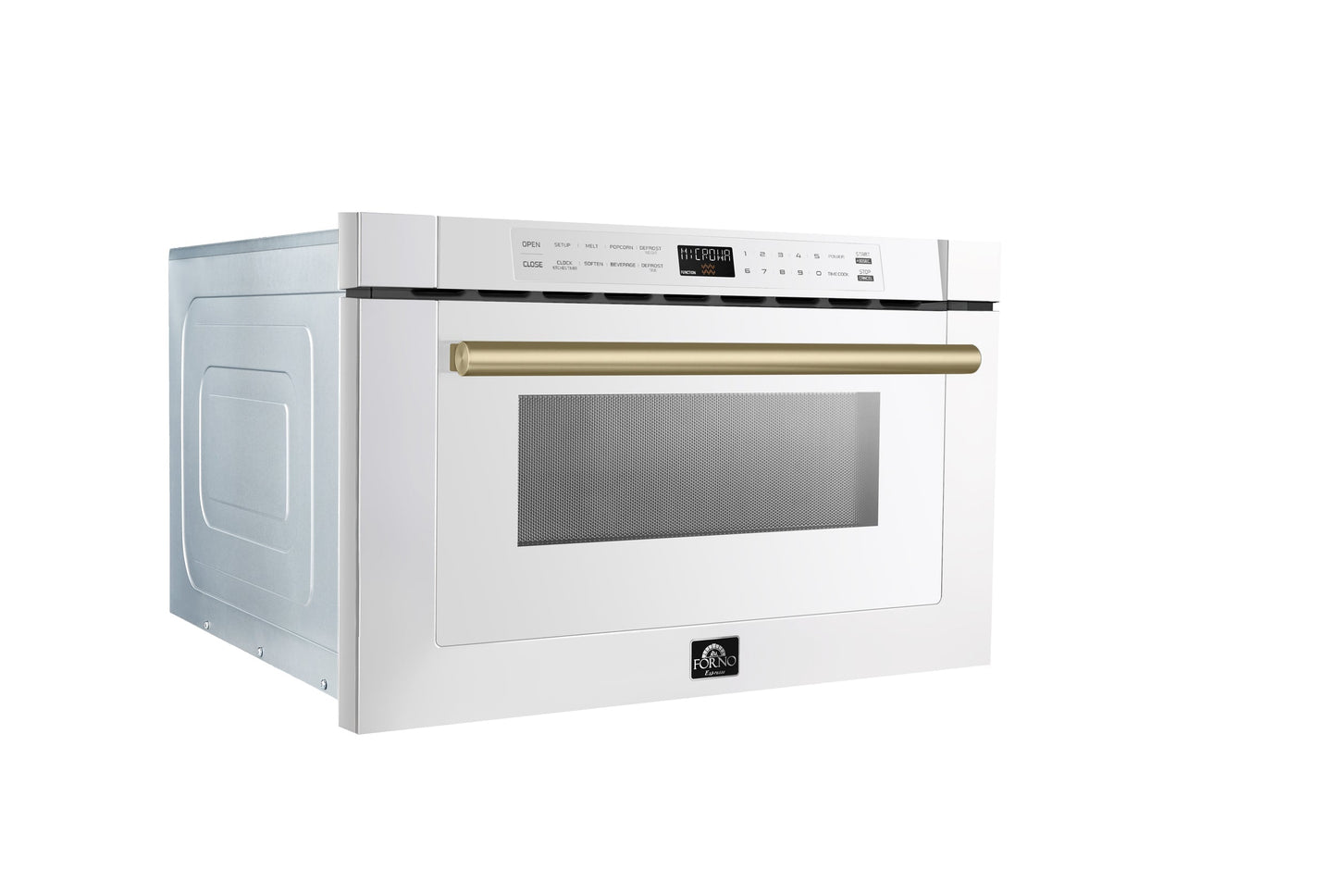 Forno 5-Piece Appliance Package - 30-Inch Induction Range, Under Cabinet Range Hood, Refrigerator with Water Dispenser, Dishwasher, and  Microwave Drawer in White with Antique Brass Trim - APW5-905-30WHT